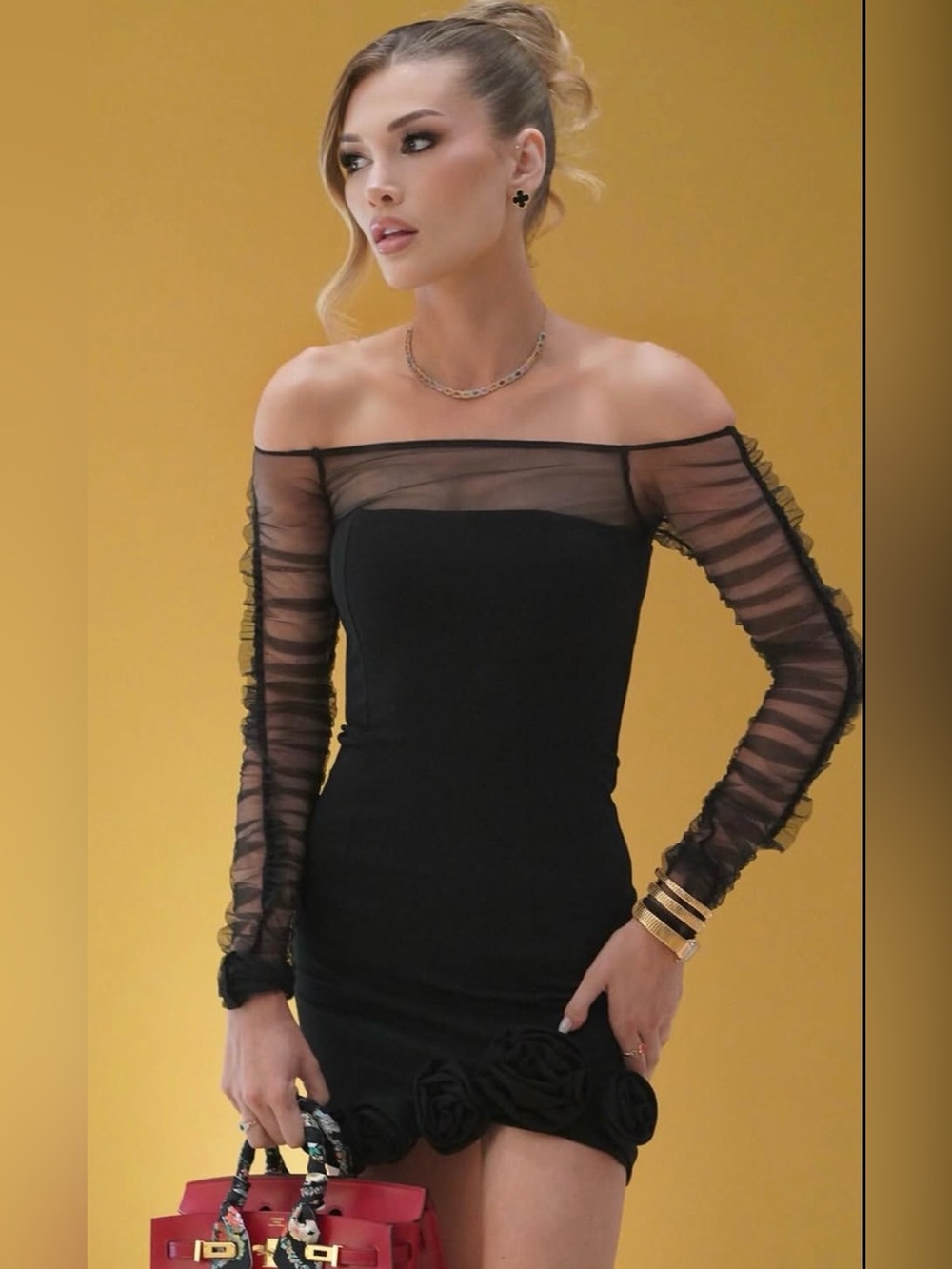 Camila Coelho Black Off-Shoulder Mesh-Sleeve Mini Dress with Rosette Hem